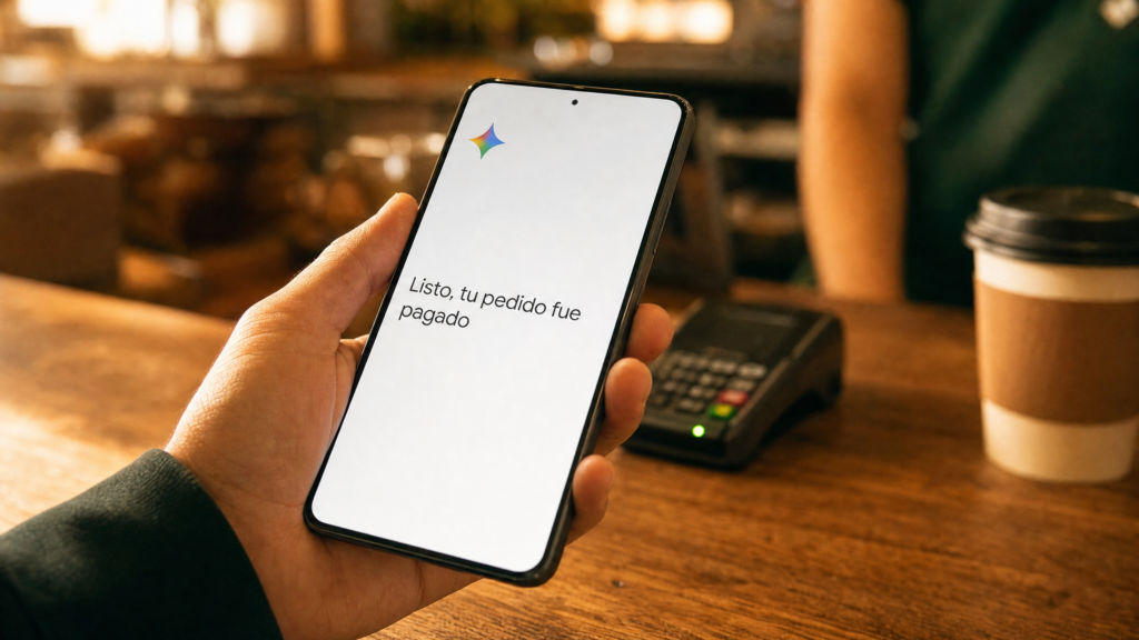 Mano sosteniendo un smartphone en una cafetería; la pantalla muestra 'Listo, tu pedido fue pagado' con un logo Gemini