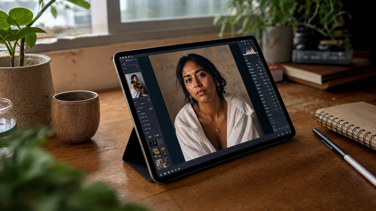 Tablet con foto de retrato siendo editada