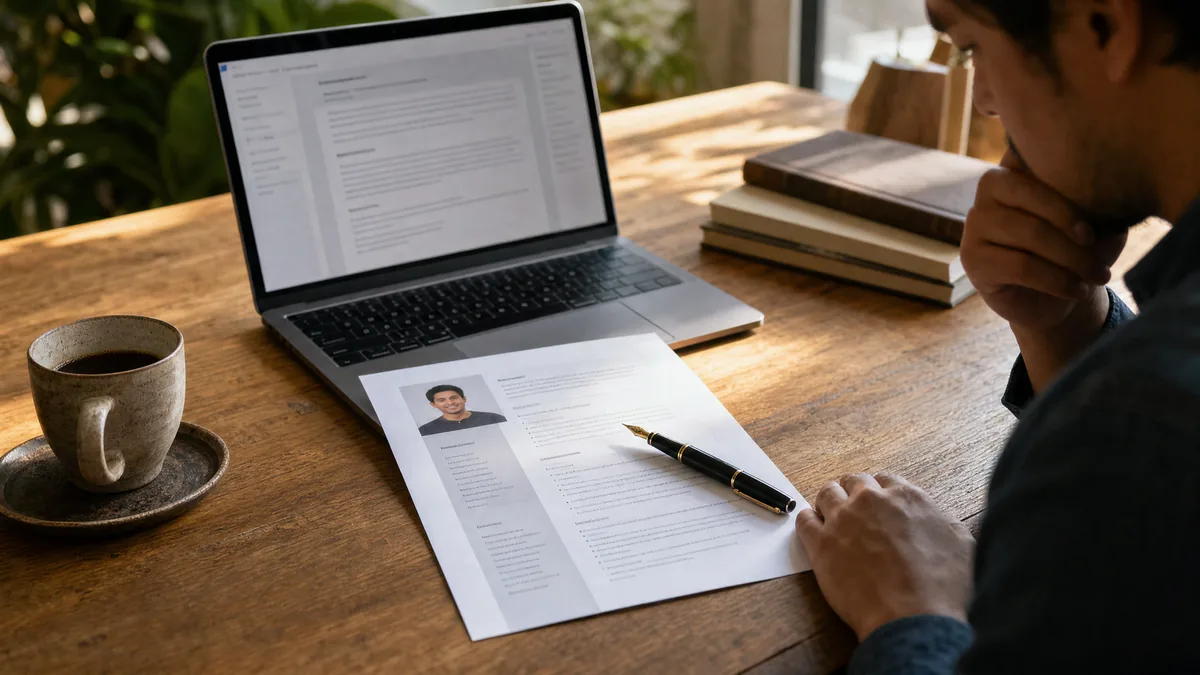 CV impreso al lado de una laptop
