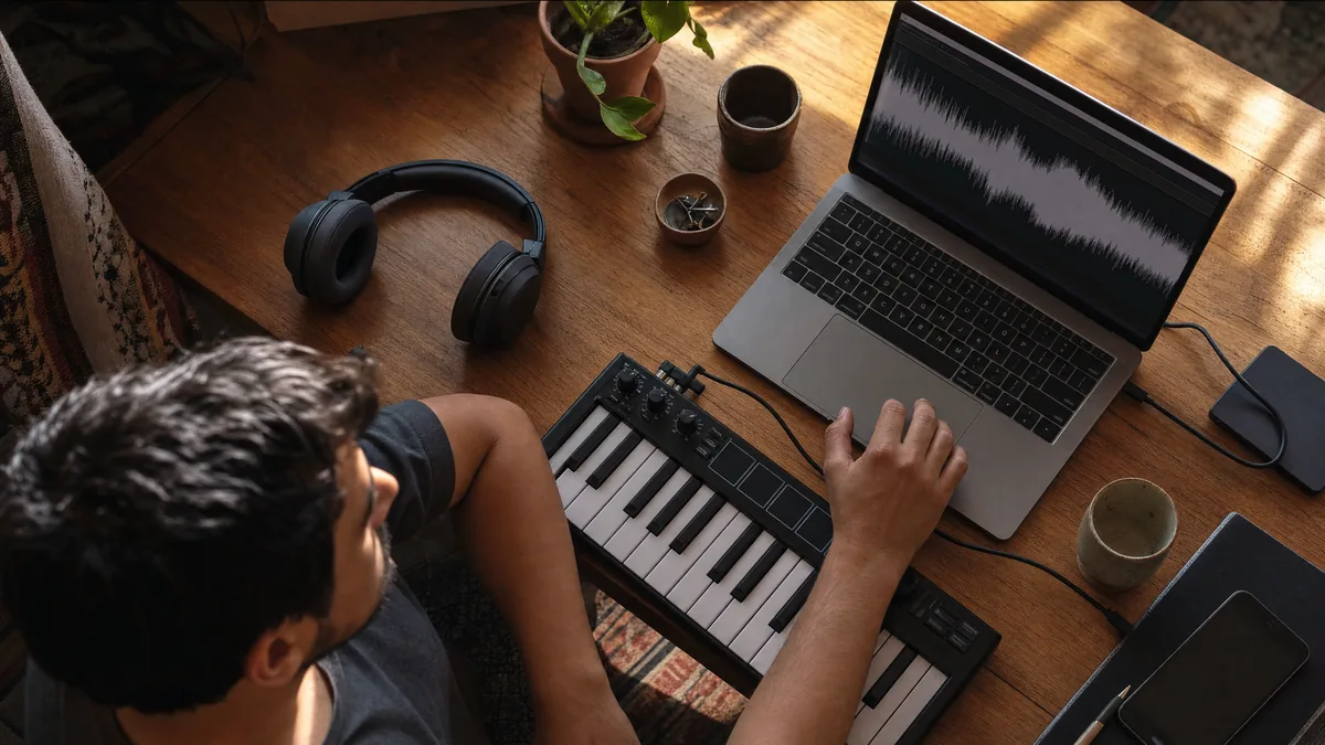 Auriculares y teclado MIDI sobre un escritorio