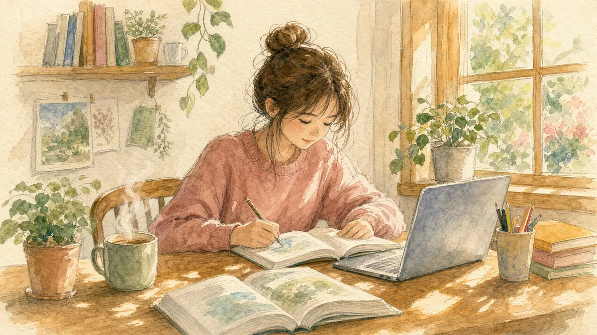 Estudiante con libros y laptop en un escritorio acogedor
