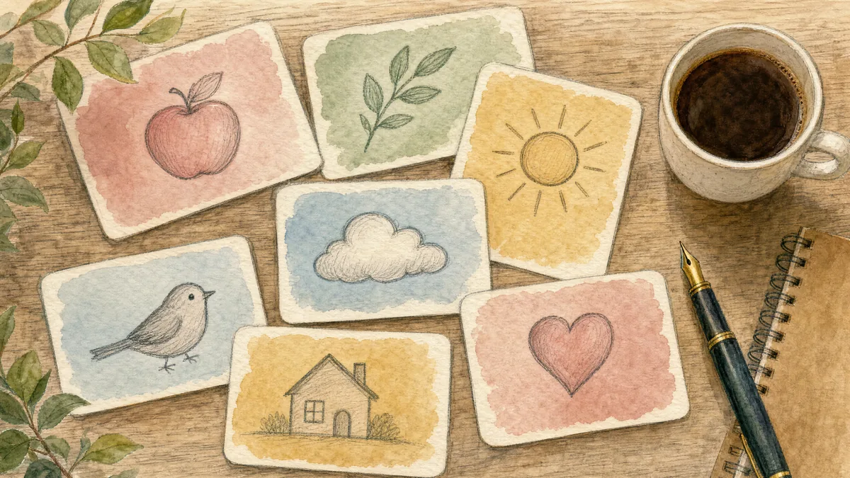 Tarjetas de estudio extendidas sobre una mesa