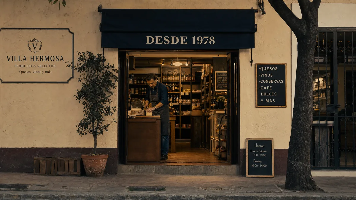 Pequeña tienda iluminada de noche con dueño trabajando