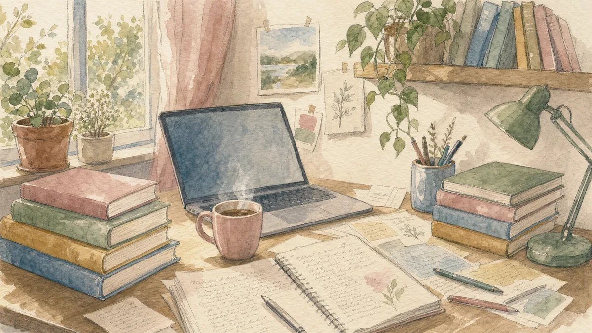 Mesa de estudio con libros, papeles y café