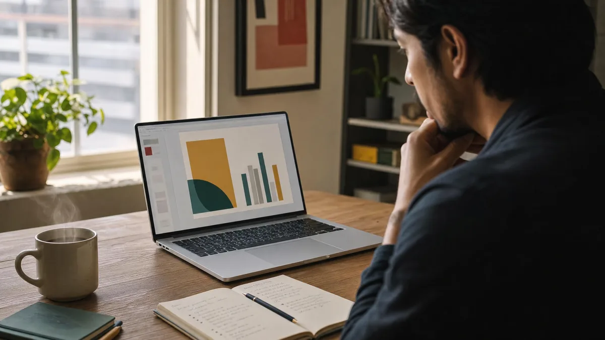 Laptop sobre escritorio mostrando una presentación