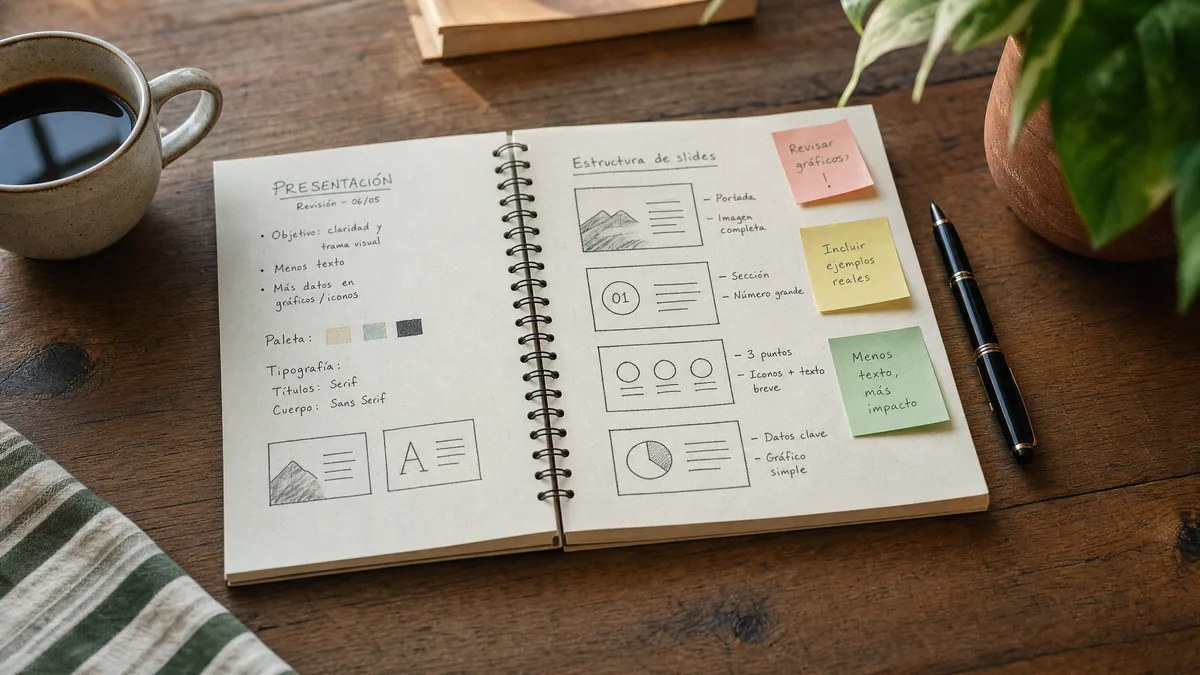 Cuaderno abierto con notas a mano sobre presentaciones