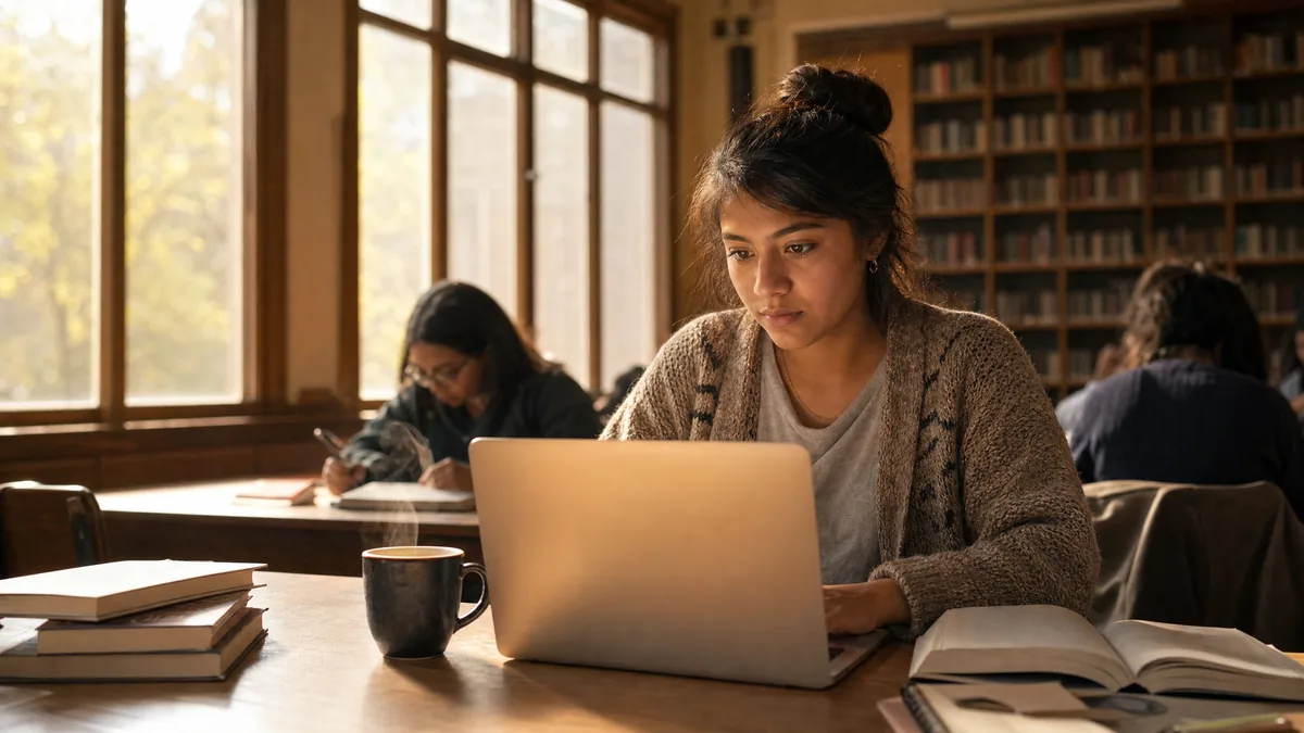 Estudiante latina escribiendo un ensayo en su laptop