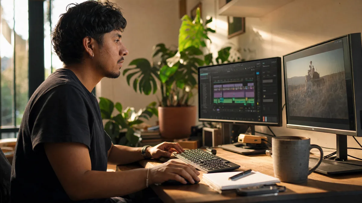 Creador editando un video con dos monitores