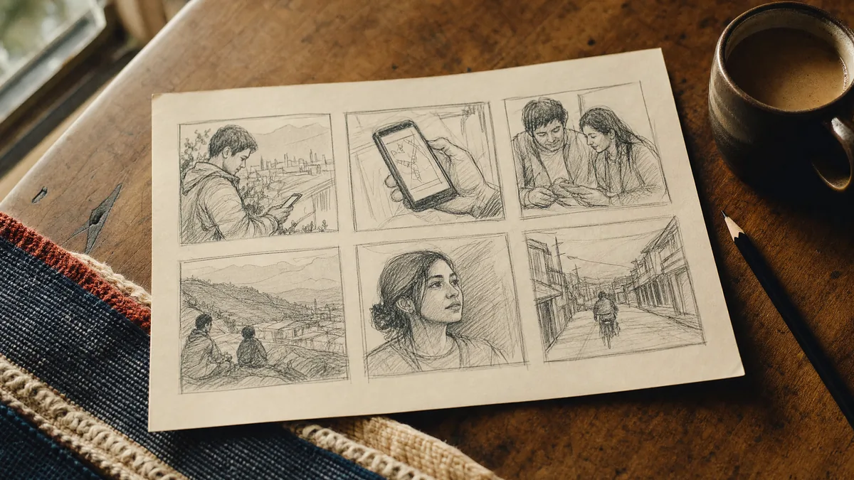 Storyboard con bocetos a mano de las escenas