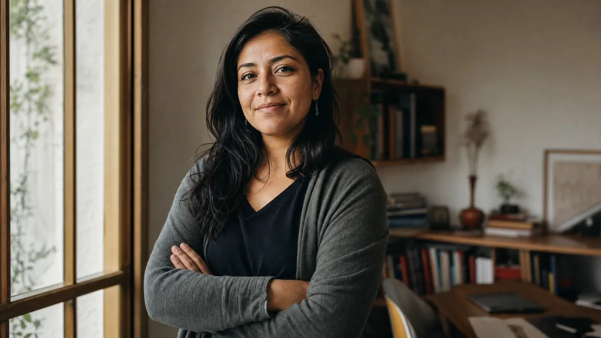 Retrato pensativo de una emprendedora latina