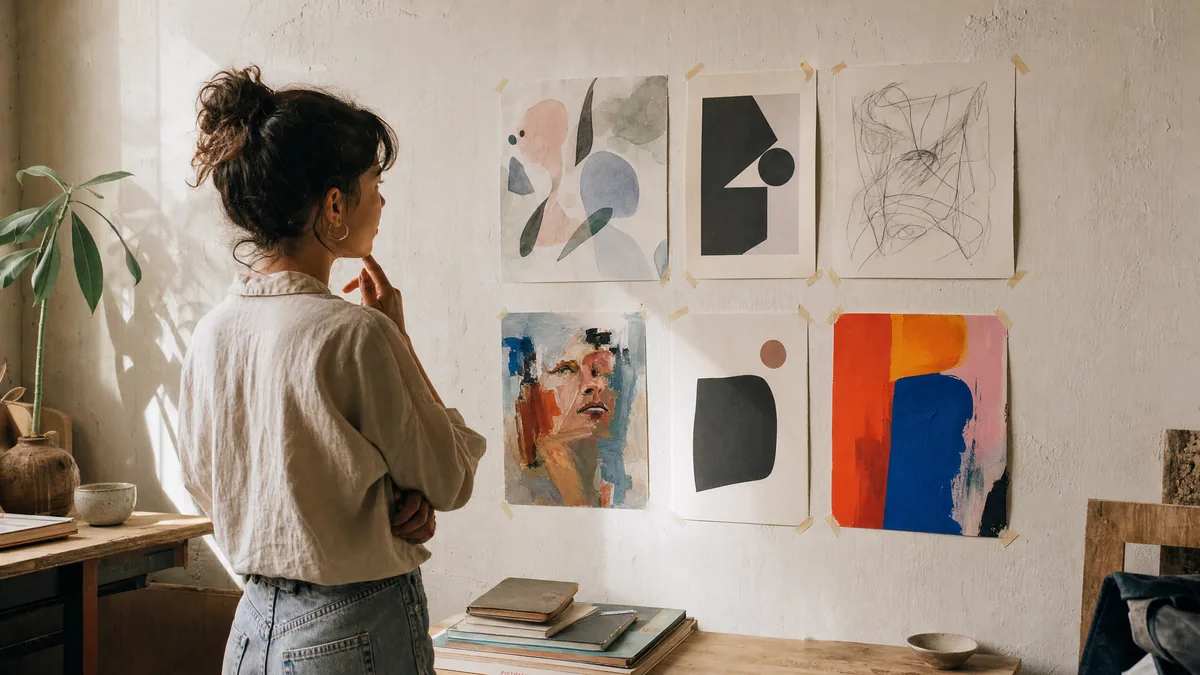Impresiones de arte generado con IA pegadas en una pared