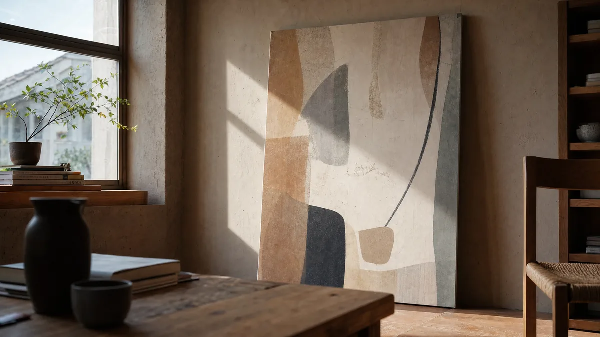 Impresión de canvas apoyada contra una pared con luz natural