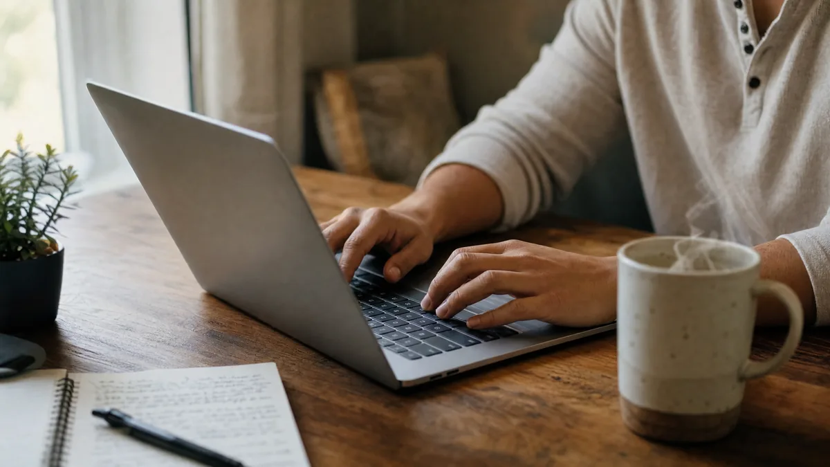 Manos sobre un teclado con una taza humeante al lado