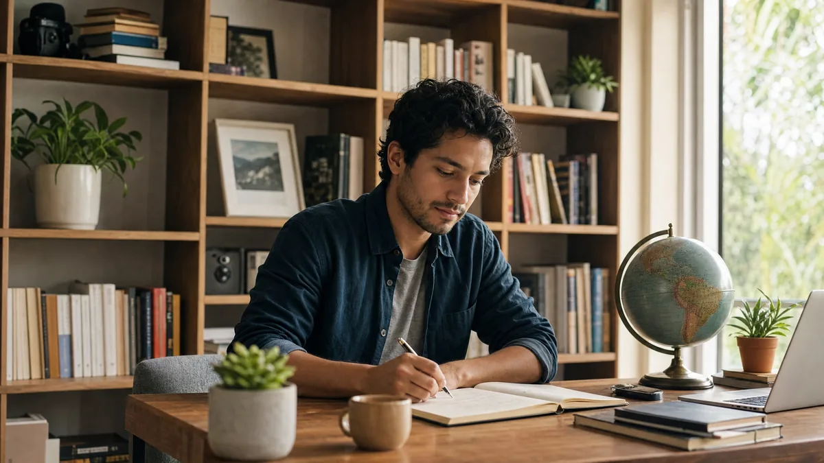 Estantería con libros, plantas y un cuaderno abierto