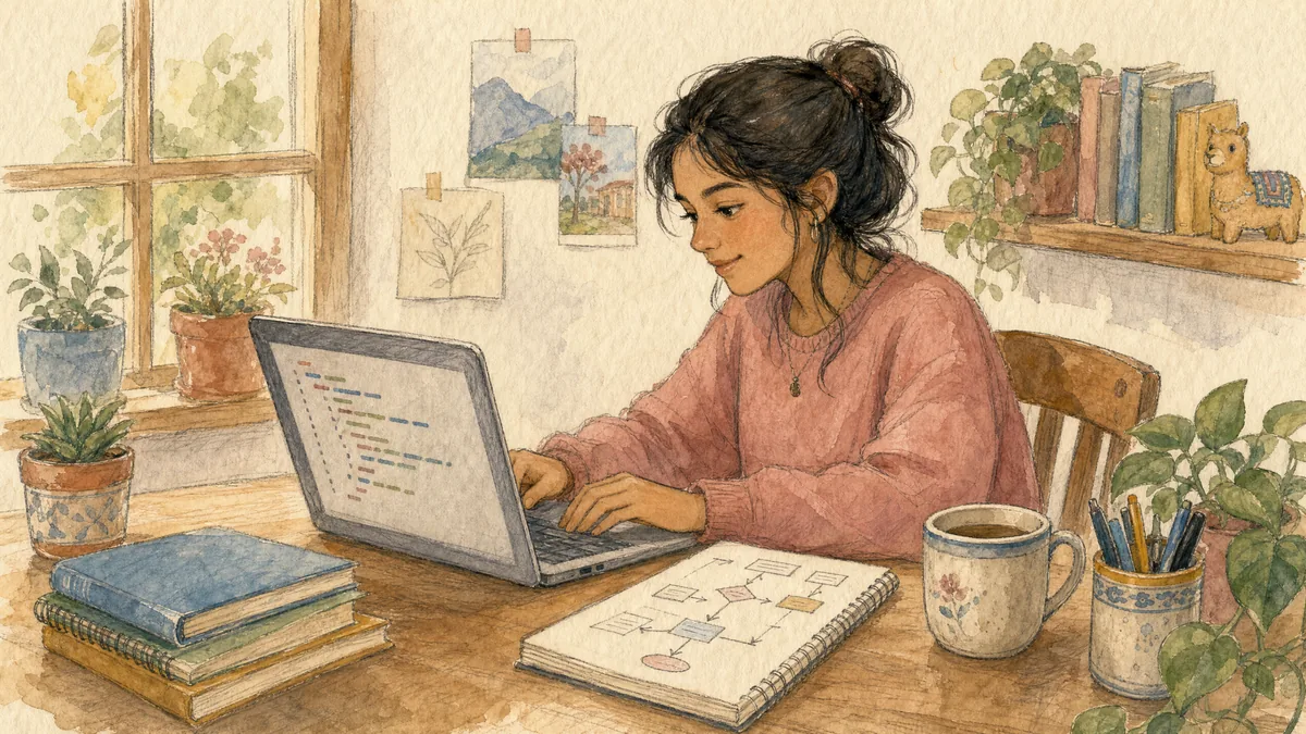 Estudiante aprendiendo a programar con su laptop