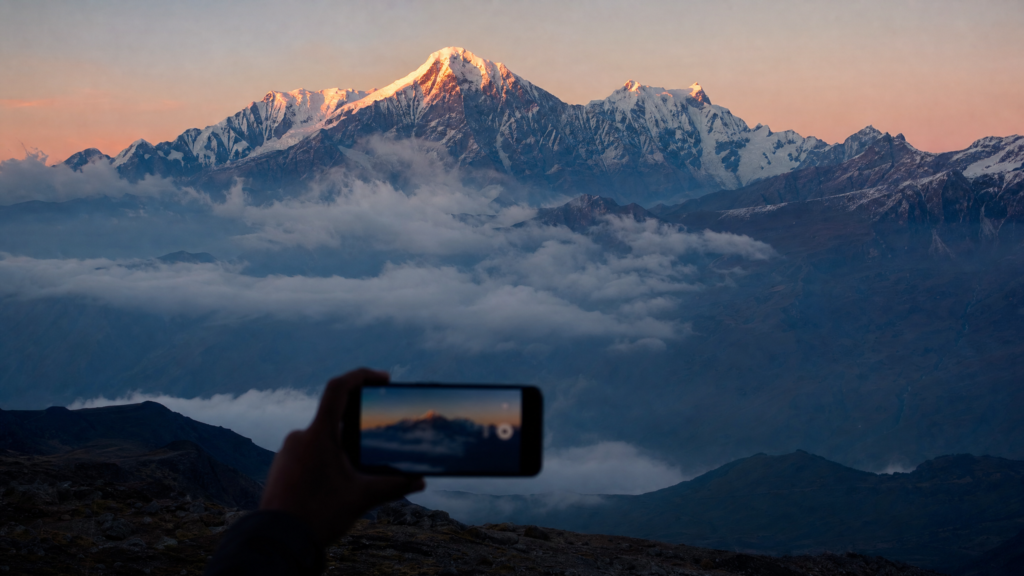 Mano con celular grabando los Andes al amanecer: tutorial de Veo 3 gratis para LATAM