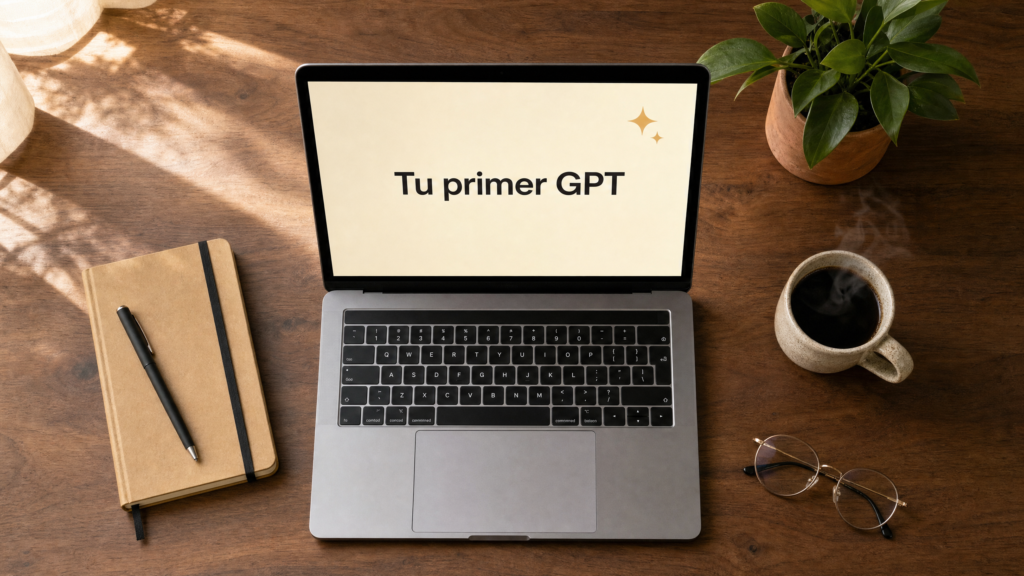 Vista cenital de un laptop sobre un escritorio de madera con la pantalla mostrando 'Tu primer GPT', junto a una libreta, una taza de café humeante y una planta