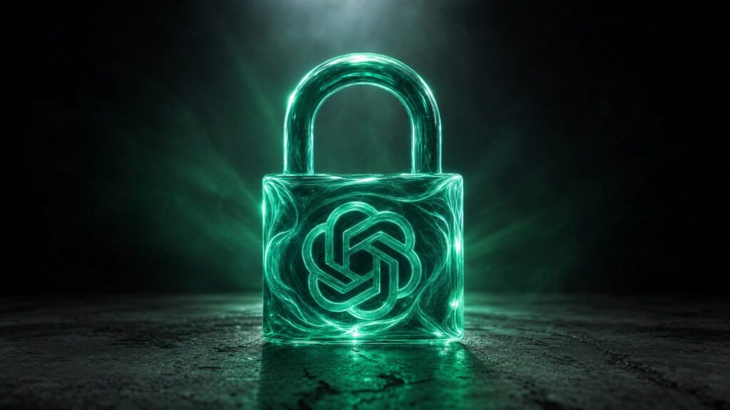 Candado verde holografico con el logo de OpenAI grabado, simbolizando el modelo GPT-5.5-Cyber para ciberseguridad