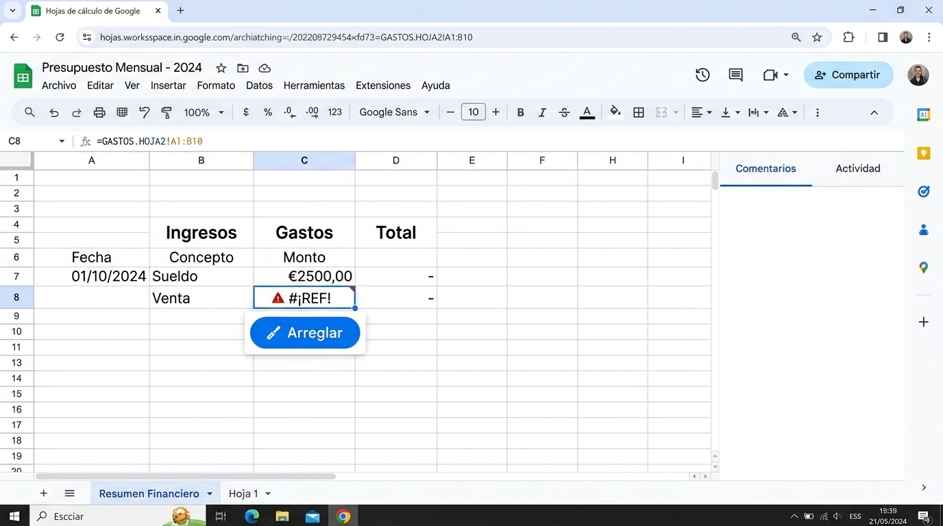 Gemini en Sheets: botón Fix para arreglar fórmulas